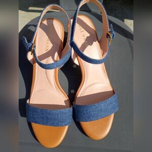 Cole Haan Denim Strap Block Heel Sandals - Blue & Tan 7.5 NEW